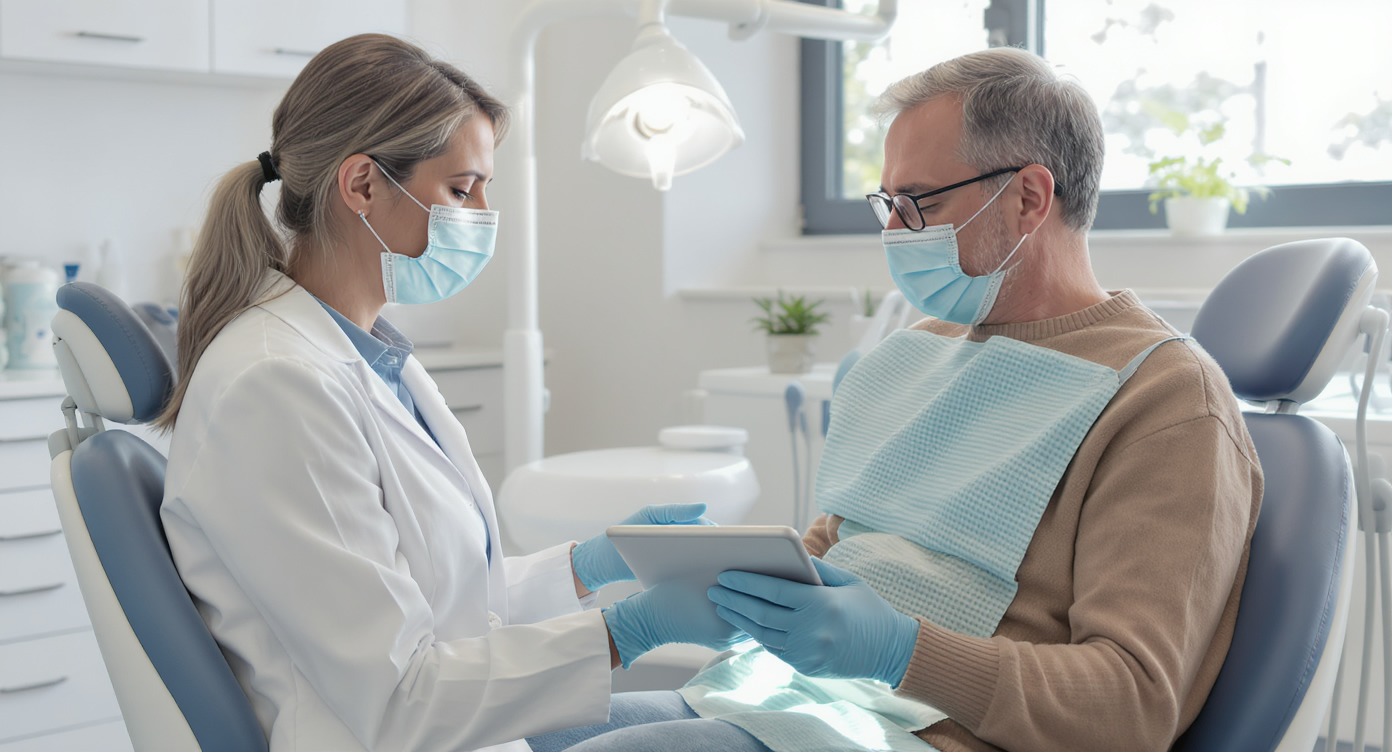 Dentiste expliquant un traitement sur tablette