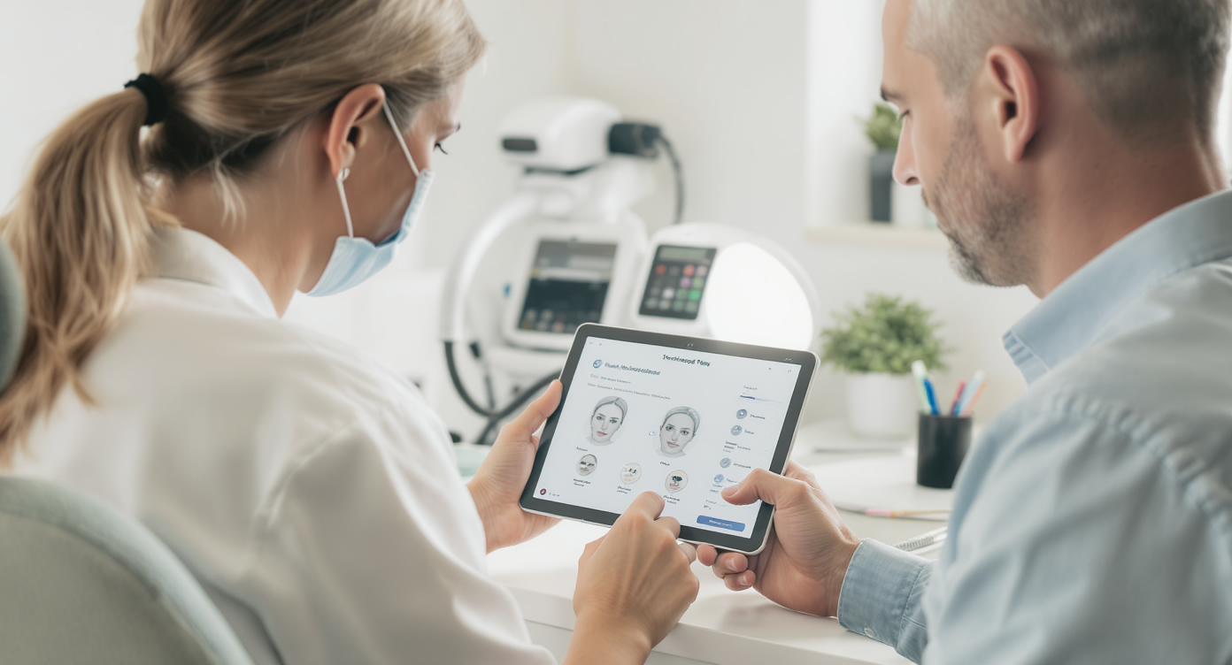 Dermatologue expliquant un parcours sur une tablette